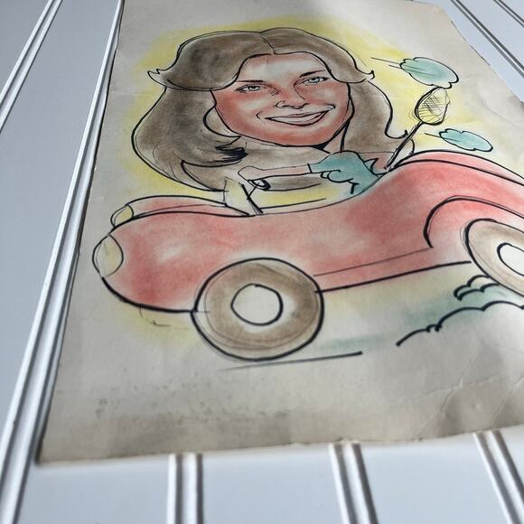 Vintage Original Caricature portrait drawing Women in Red Car 70's 80's Romcom - Picture 3 of 9
